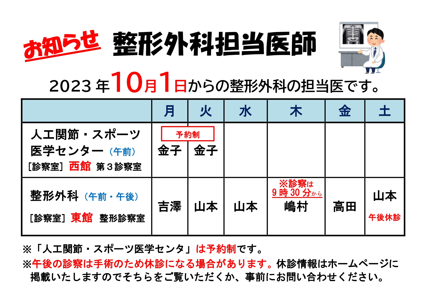 一宮温泉病院 整形外科担当医師の変更2023.10